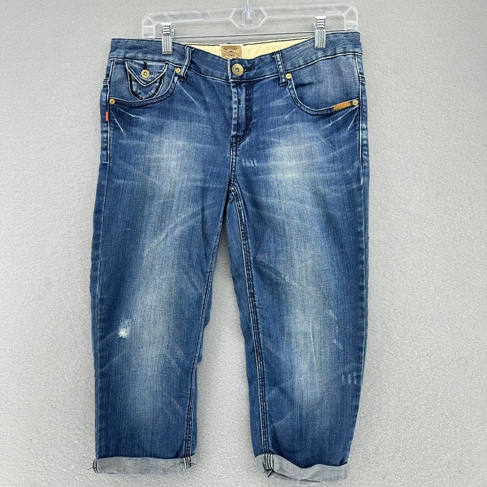 Superdry Cropped Union Denim Capri Blue Jeans Womens Size 30 (32x19) Preppy Rock - Picture 3 of 9